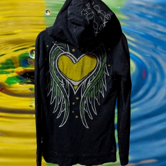 Sinful by Affliction Peace and Love Angel Wing Acid Wash Hoodie - Picture 1 of 5